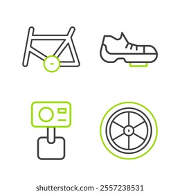 Set line Bicycle wheel, Action extreme camera, shoes and frame icon. Vector