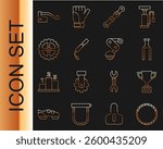 Set line Bicycle wheel, Award cup with bicycle, fork, chain, air pump, sprocket crank, brake and Derailleur rear icon. Vector