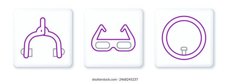 Set line Bicycle wheel, brake calipers and Sport cycling sunglasses icon. Vector