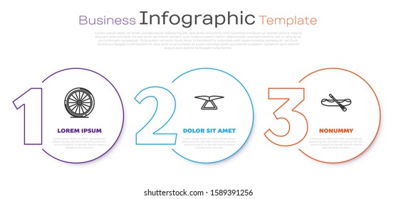 Set line Bicycle wheel, Hang glider and Rafting boat. Business infographic template. Vector