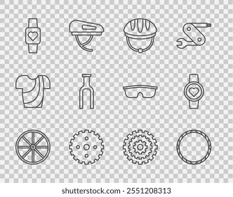 Set line Bicycle wheel, helmet, sprocket crank, Smart watch, fork, cassette and  icon. Vector