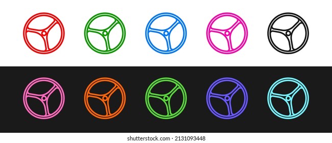 Set line Bicycle wheel icon isolated on black and white background. Bike race. Extreme sport. Sport equipment.  Vector