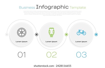 Set line Bicycle wheel, Mobile holder and . Business infographic template. Vector