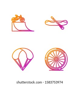 Set line Bicycle wheel, Parachute, Bicycle on street ramp and Rafting boat. Gradient color icons. Vector