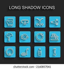 Set line Bicycle wheel, pedal, Gloves, Sport bottle with water, Wrench spanner, bell, parking and brake disc icon. Vector