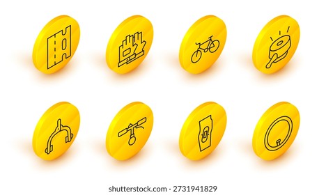 Definir linha Roda de bicicleta, gesso na perna, guiador, pinças de freio, sino, luvas e ícone de pista. Vetor