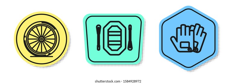 Set line Bicycle wheel, Rafting boat and Gloves. Colored shapes. Vector