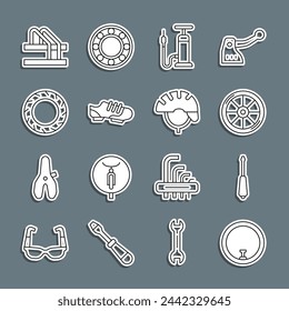 Set line Bicycle wheel, Screwdriver, air pump, shoes, tire, parking and helmet icon. Vector