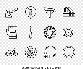 Set line Bicycle, wheel, seat, cassette, brake, Screwdriver, lock and bell icon. Vector