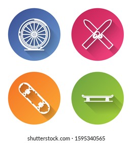 Set line Bicycle wheel, Ski and sticks, Skateboard trick and Skateboard. Color circle button. Vector