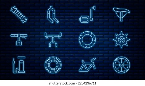 Set line Bicycle wheel, sprocket crank, pedal, handlebar, suspension, tire and fork icon. Vector