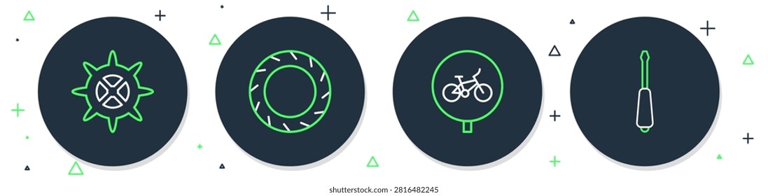 Set line Bicycle wheel tire, sprocket crank and Screwdriver icon. Vector