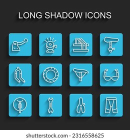 Set line Bicycle, Wrench spanner, brake, seat, Cycling shorts, wheel tire, Sport cycling sunglasses and  icon. Vector
