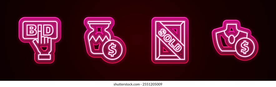 Set line Bid, Auction ancient vase, painting sold and jewelry sale. Glowing neon icon. Vector