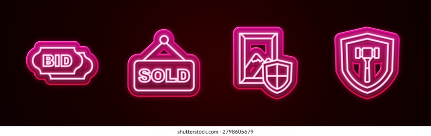 Set line Bid, Auction sold, painting and hammer. Glowing neon icon. Vector