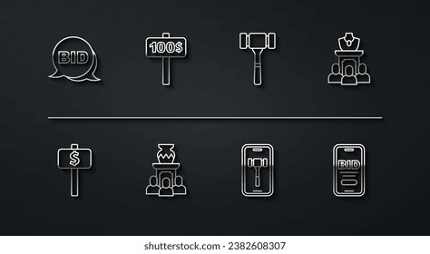 Set line Bid, Hand holding auction paddle, Auction jewelry sale, Online, ancient vase,  and hammer icon. Vector