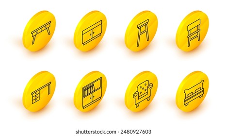 Set line Big bed, Armchair, Library bookshelf, Office desk, Chair, Chest of drawers and  icon. Vector