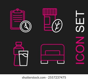 Set line Big bed, Bottle of water with glass, Vitamin pill and Sport training program icon. Vector