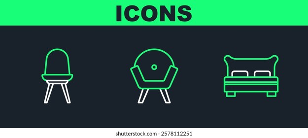 Set line Big bed, Chair and Armchair icon. Vector