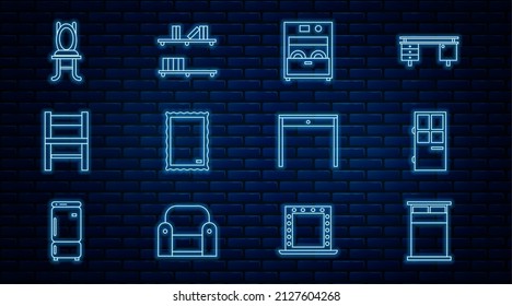 Línea Grande cama, Puerta cerrada, Lavadora de cocina, Imagen, Silla, Mesa de madera y estante con icono de libros. Vector