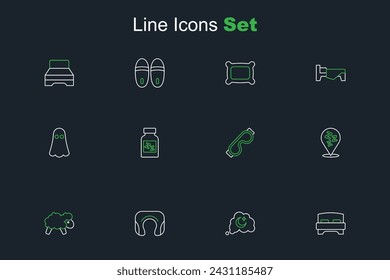 Set line Big bed, Dreams, Travel neck pillow, Sheep, Sleepy, Eye sleep mask, Sleeping and Ghost icon. Vector