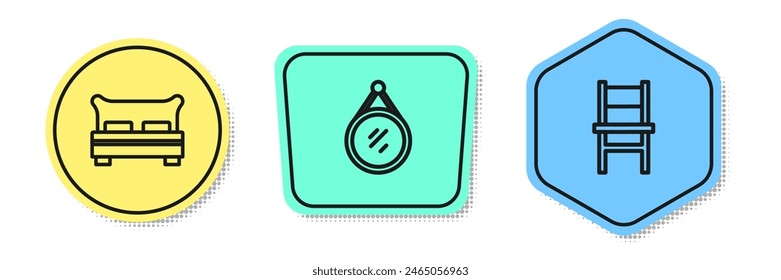 Set line Cama grande, espejo y silla. Formas de colores. Vector