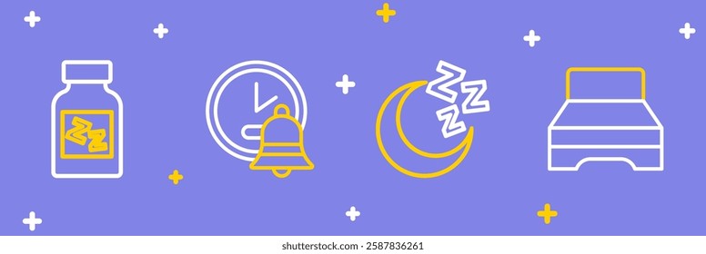 Set line Big bed, Moon and stars, Alarm clock and Sleeping pill icon. Vector