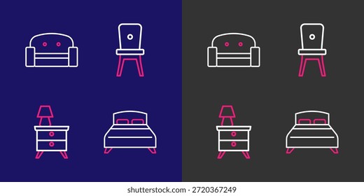 Set line Cama grande, Mesita de noche con lámpara, Silla y Sillón icono. Vector