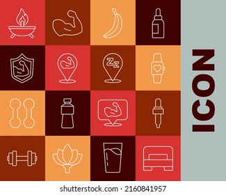 Set line Big bed, Pipette with oil, Smart watch, Banana, Bodybuilder muscle, Aroma candle and Sleepy icon. Vector