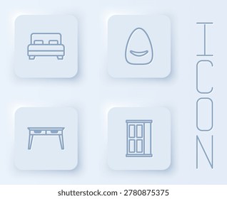 Set line Big bed, Pouf, Office desk and Wardrobe. White square button. Vector