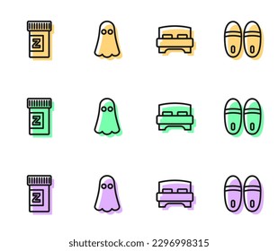 Set line Big bed, Sleeping pill, Ghost and Slippers icon. Vector