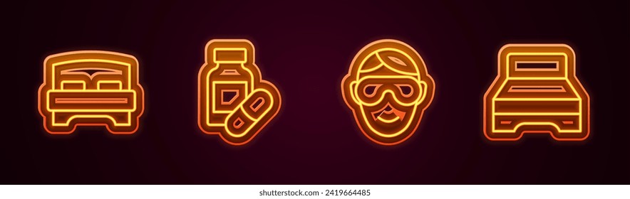 Set line Big bed, Sleeping pill, Eye sleep mask and . Glowing neon icon. Vector