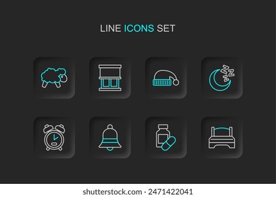 Set line Big bed, Sleeping pill, Ringing bell, Alarm clock, Moon and stars, hat, Window with curtains and Sheep icon. Vector