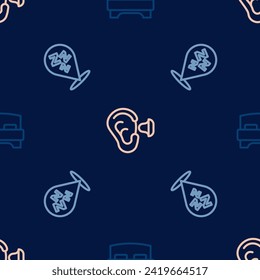 Set line Big bed, Sleepy and Earplugs and ear on seamless pattern. Vector
