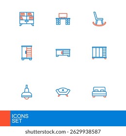 Set line Big bed, Sofa, Lamp hanging, Wardrobe, TV table stand, Armchair and Office desk icon. Vector