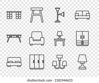 Set line Big bed, Table lamp, Floor, Wardrobe, Office desk, Armchair, Chandelier and  icon. Vector