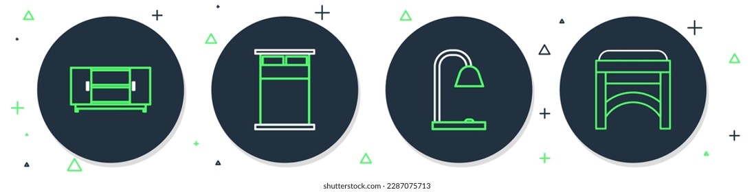 Set line Big bed, Table lamp, TV table stand and Chair icon. Vector