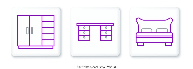 Set line Big bed, Wardrobe and Office desk icon. Vector