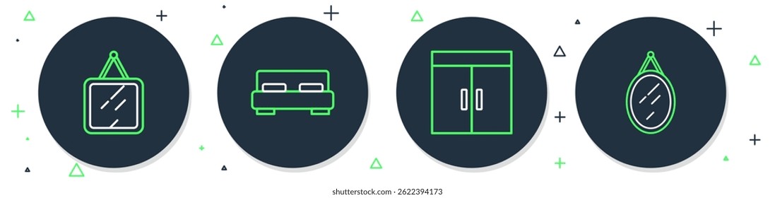 Set line Big bed, Wardrobe, Mirror and  icon. Vector