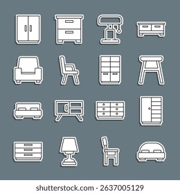 Set line Big bed, Wardrobe, Chair, Table lamp, Armchair,  and  icon. Vector