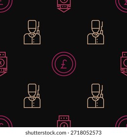 Set line Big Ben tower, British soldier and Coin money with pound on seamless pattern. Vector