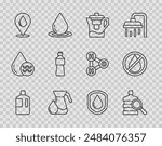 Set line Big bottle with clean water, Water jug filter, Jug glass, drop location, Bottle of, Waterproof and forbidden icon. Vector