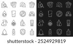 Set line Big bottle with clean water, Water cooler, Chemical formula for H2O, drop speech bubbles, Glass, Recycle aqua,  and forbidden icon. Vector