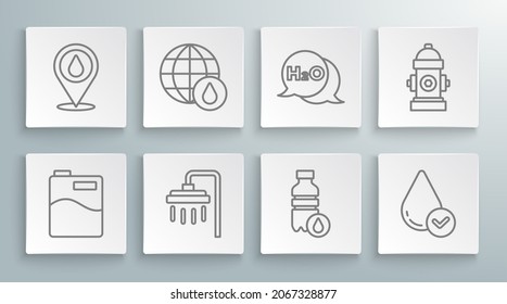 Set line Big bottle with clean water, Earth planet in drop, Shower, Bottle of, Water, Chemical formula for H2O, Fire hydrant and location icon. Vector