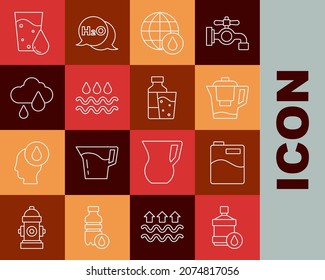 Línea Grande botella con agua limpia, filtro de jarra de agua, planeta Tierra en gota, Ola, lluvia en la nube, vidrio y botella de un ícono de vidrio. Vector