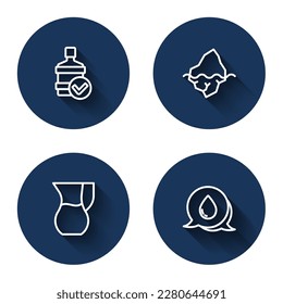 Set line Big bottle with clean water, Iceberg, Jug glass and Water drop speech bubbles with long shadow. Blue circle button. Vector