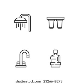 Set line Big bottle with clean water, Water tap, Shower and filter cartridge icon. Vector