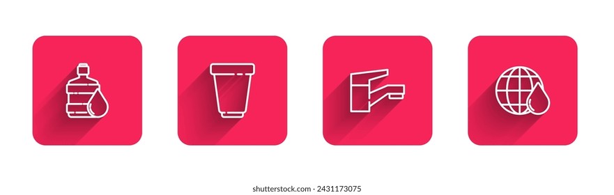 Set line Botella grande con agua limpia, cartucho de filtro de agua, grifo y planeta Tierra en caída con sombra larga. Botón cuadrado rojo. Vector