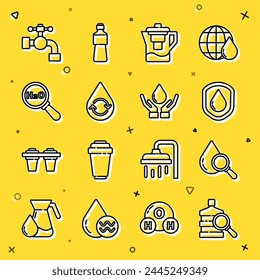 Set line Big bottle with clean water, Drop and magnifying glass, Waterproof, jug filter, Recycle aqua, Chemical formula for H2O, tap and Washing hands soap icon. Vector