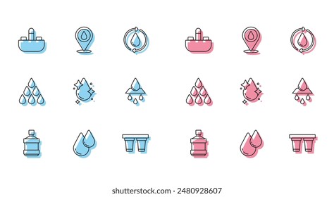 Set line Botella grande con agua limpia, gota de agua, grifo del lavabo, Filtrar, agua de reciclaje e ícono de ubicación. Vector